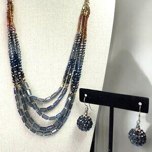 VTG Beaded Necklace & Dangling Matching Earrings Set Navy AB Beads & Gold Beads